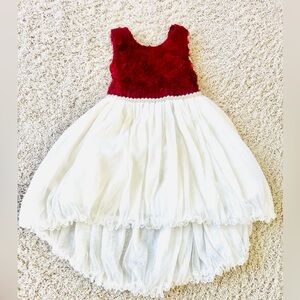 Flower Girl Dress ❤️ Burgundy & White w/ Pearls Tie Back Cascade Rear Skirt❤️